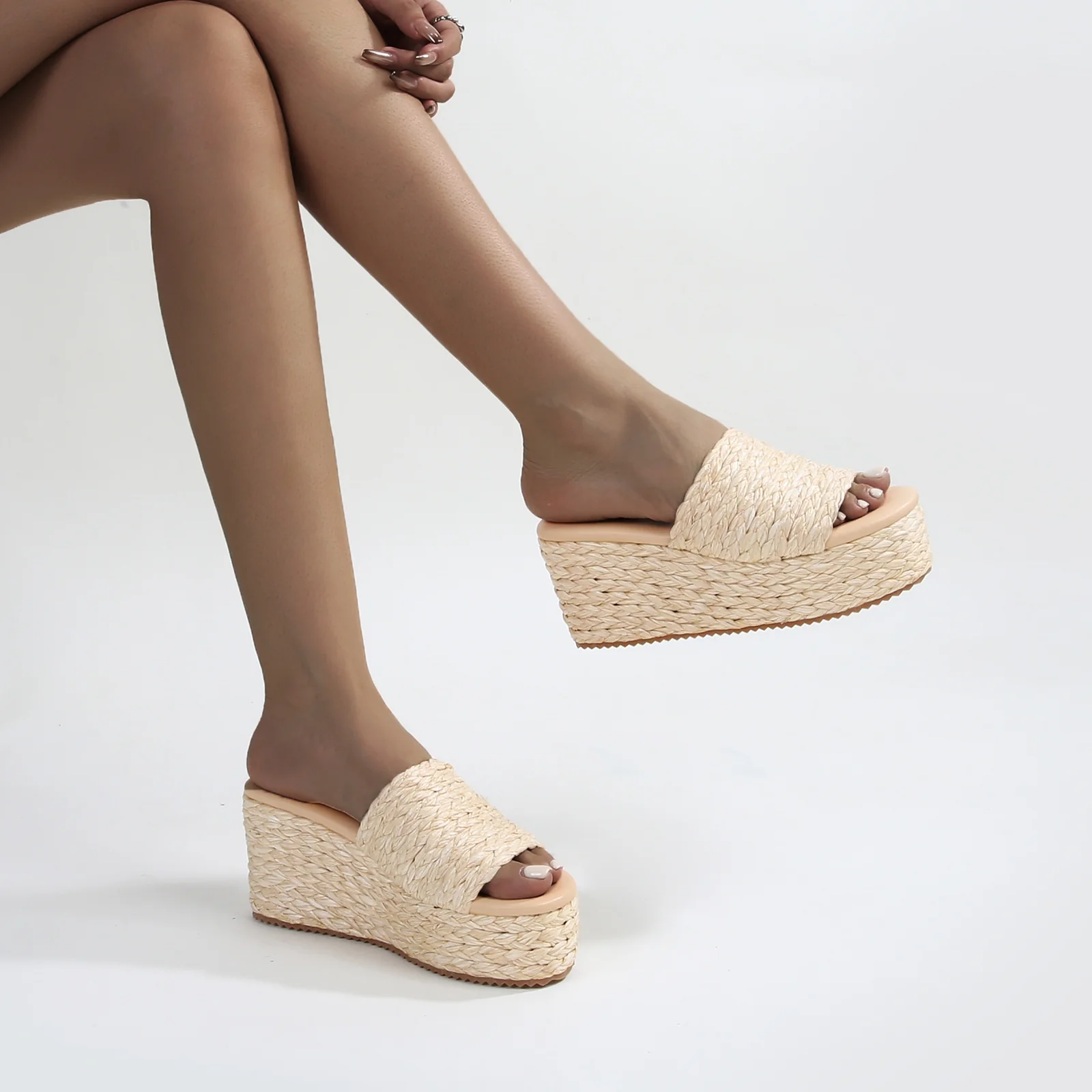 Amber Woven Raffia Platform Wedge Sandals - Image 11