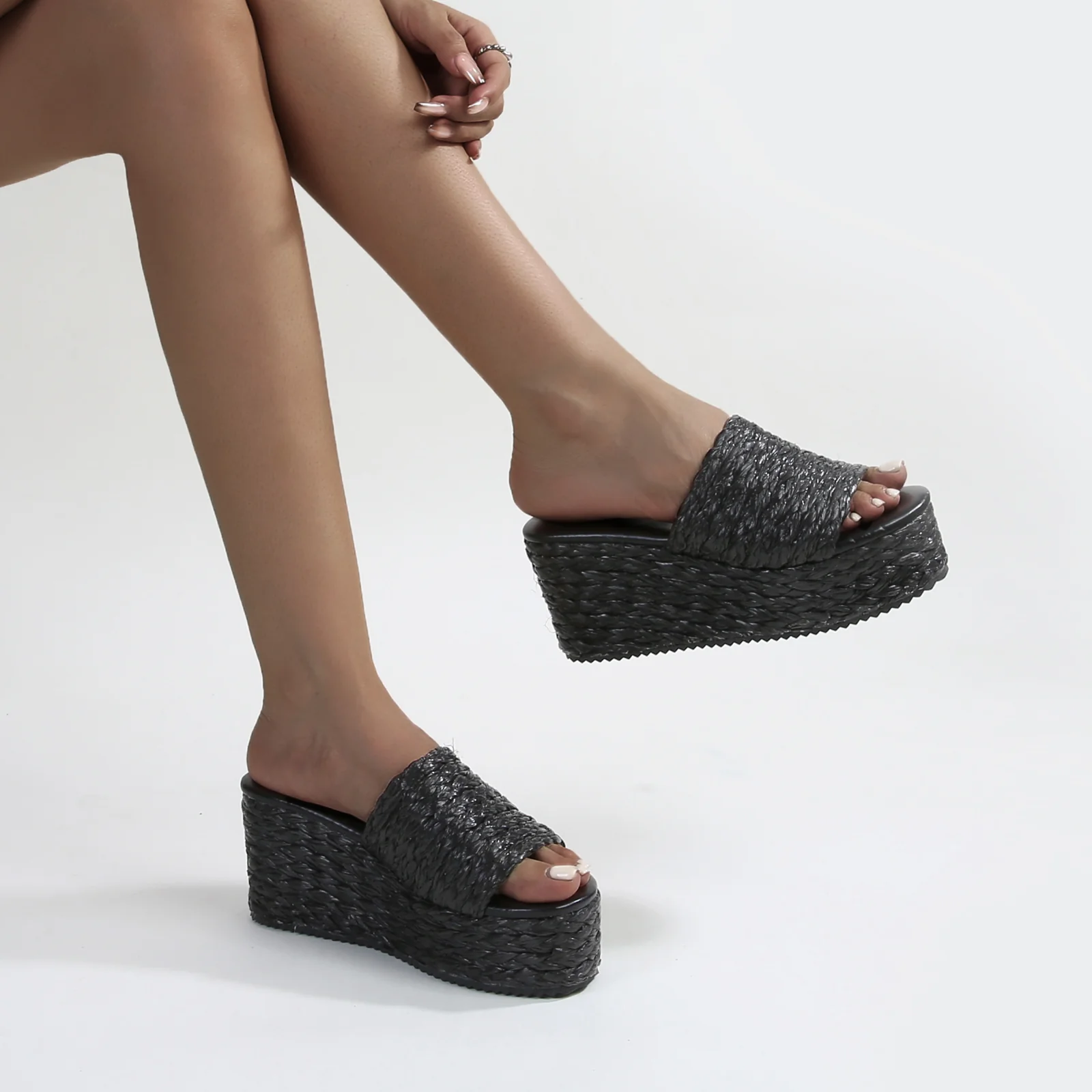 Amber Woven Raffia Platform Wedge Sandals - Image 4