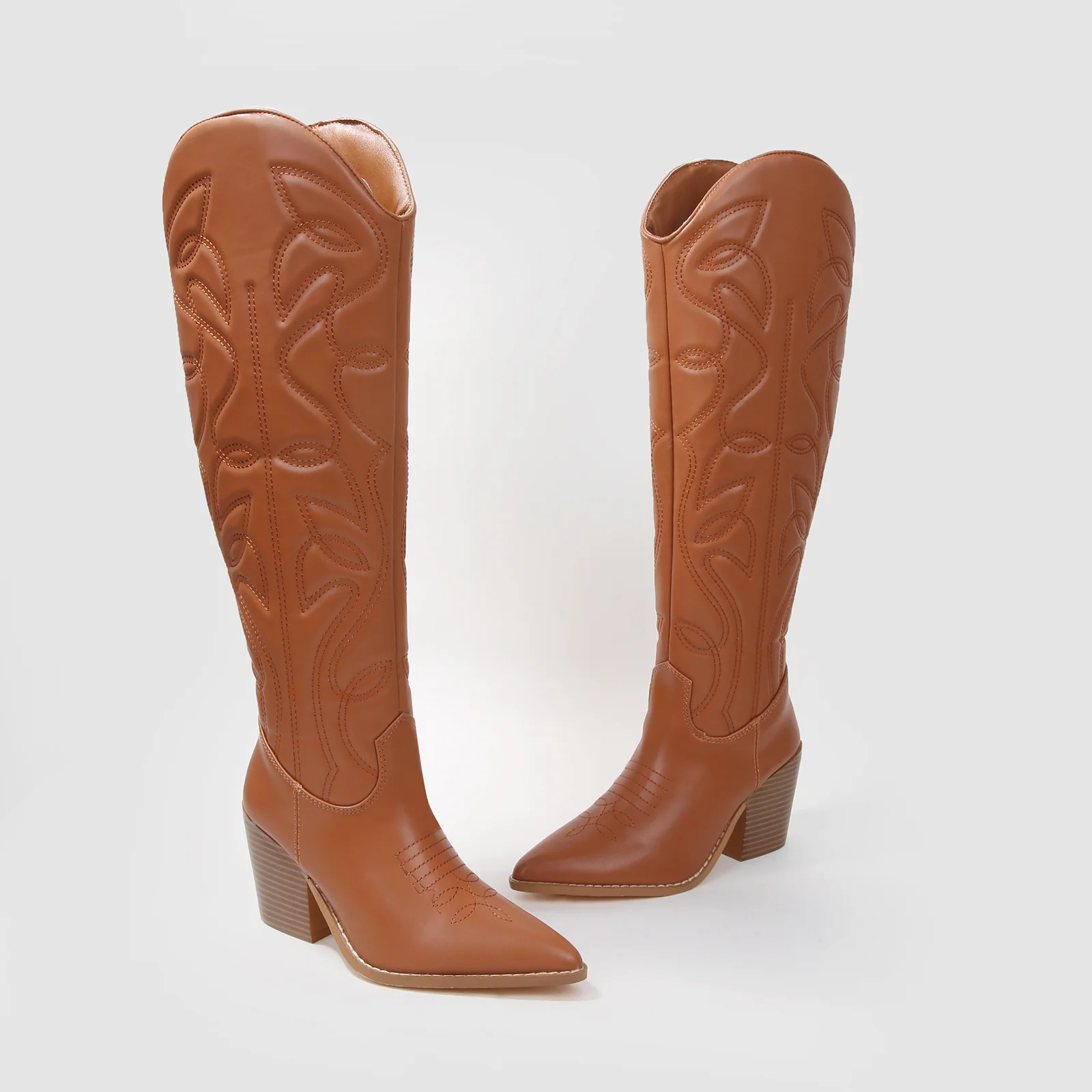Anniston Embossed Stitching Western Knee-High Boots - Image 12