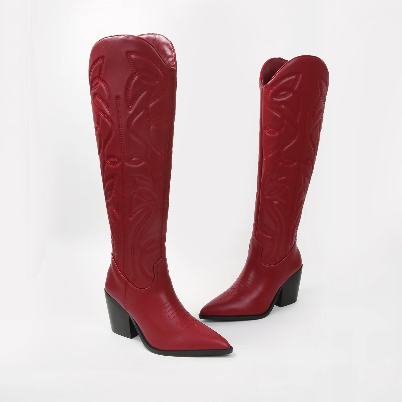 Anniston Embossed Stitching Western Knee-High Boots - Image 17