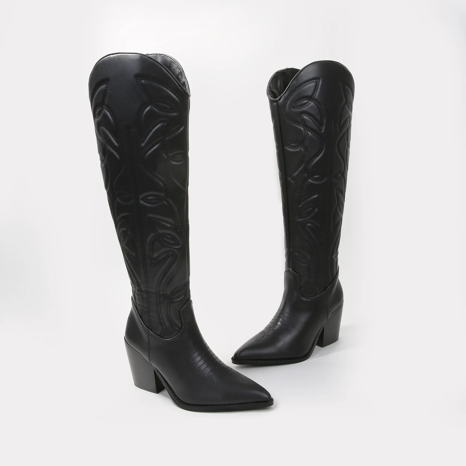 Anniston Embossed Stitching Western Knee-High Boots - Image 7