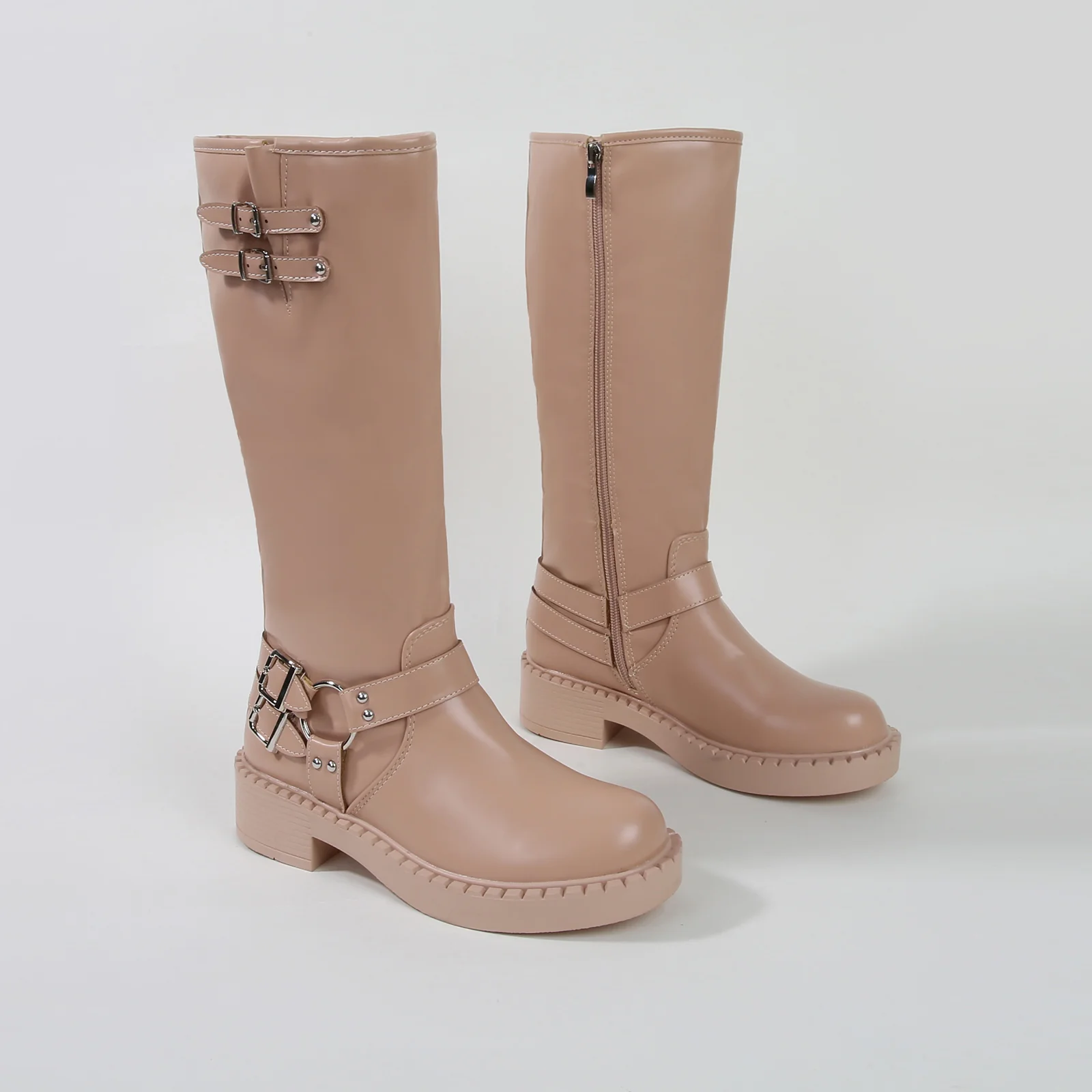 Arya Buckled Faux Leather Knee High Biker Boots - Image 10