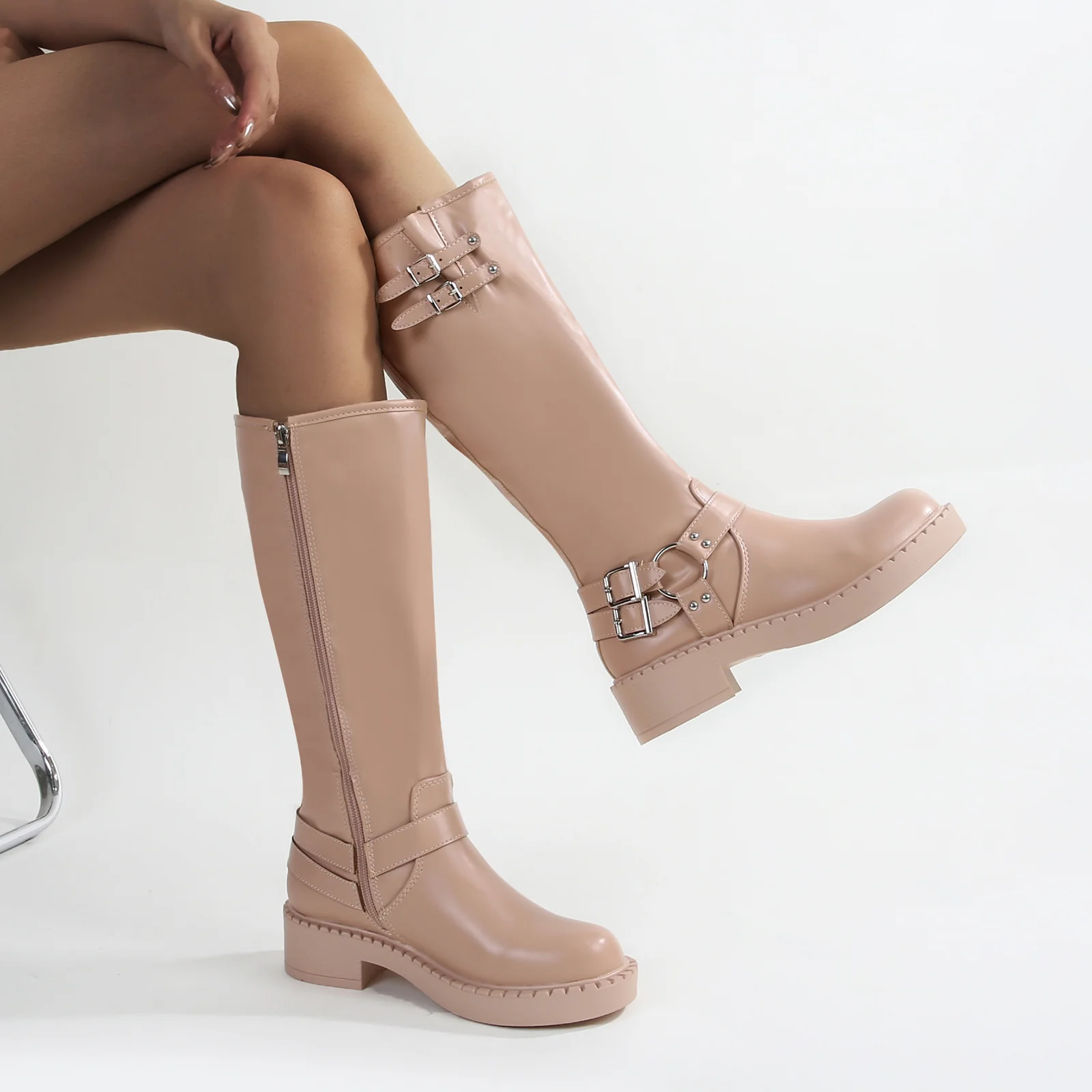 Arya Buckled Faux Leather Knee High Biker Boots - Image 11