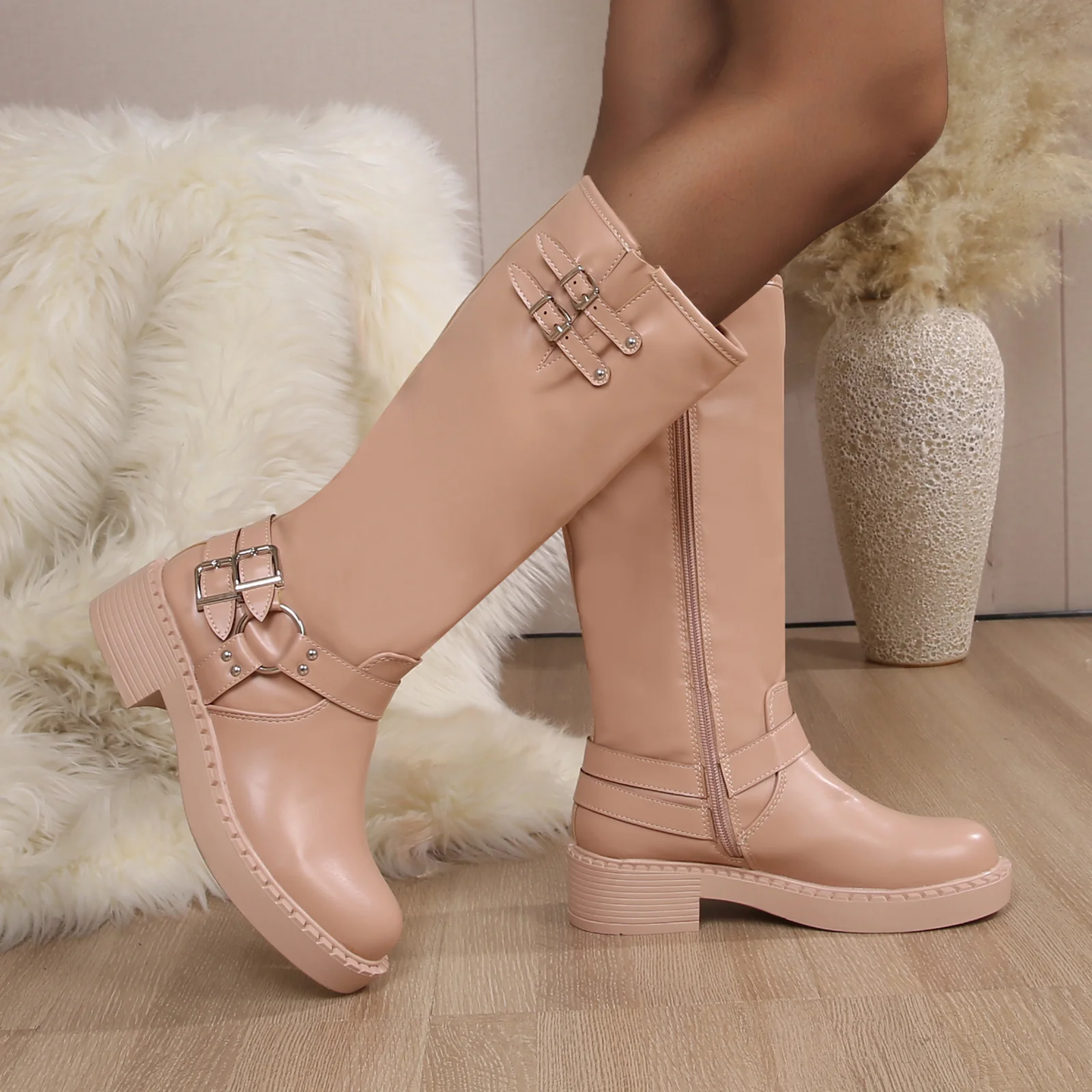 Arya Buckled Faux Leather Knee High Biker Boots - Image 12
