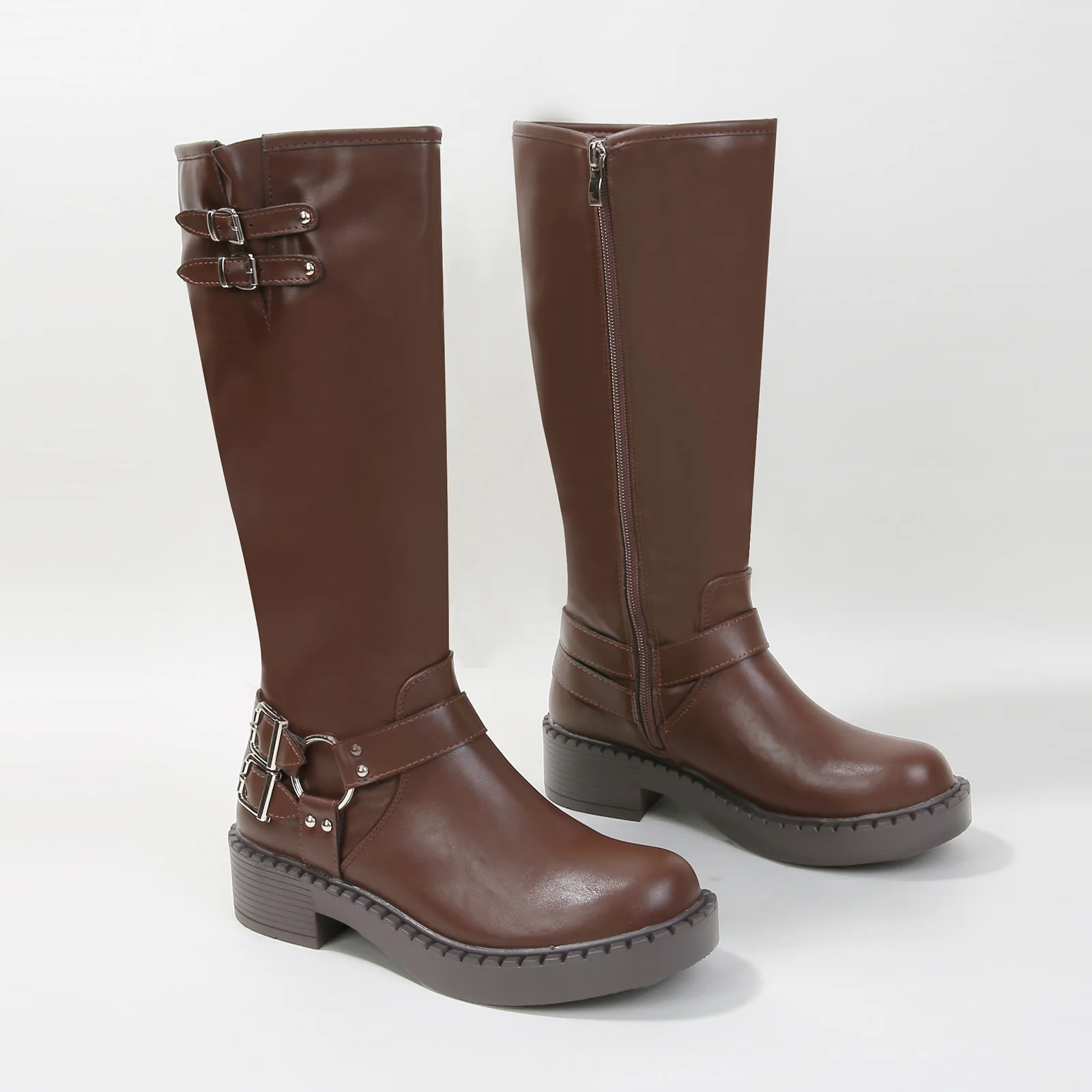 Arya Buckled Faux Leather Knee High Biker Boots - Image 14
