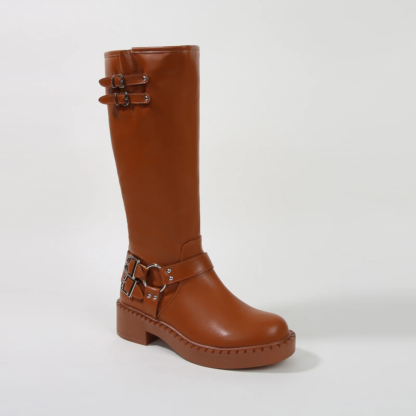 Arya Buckled Faux Leather Knee High Biker Boots - Image 5