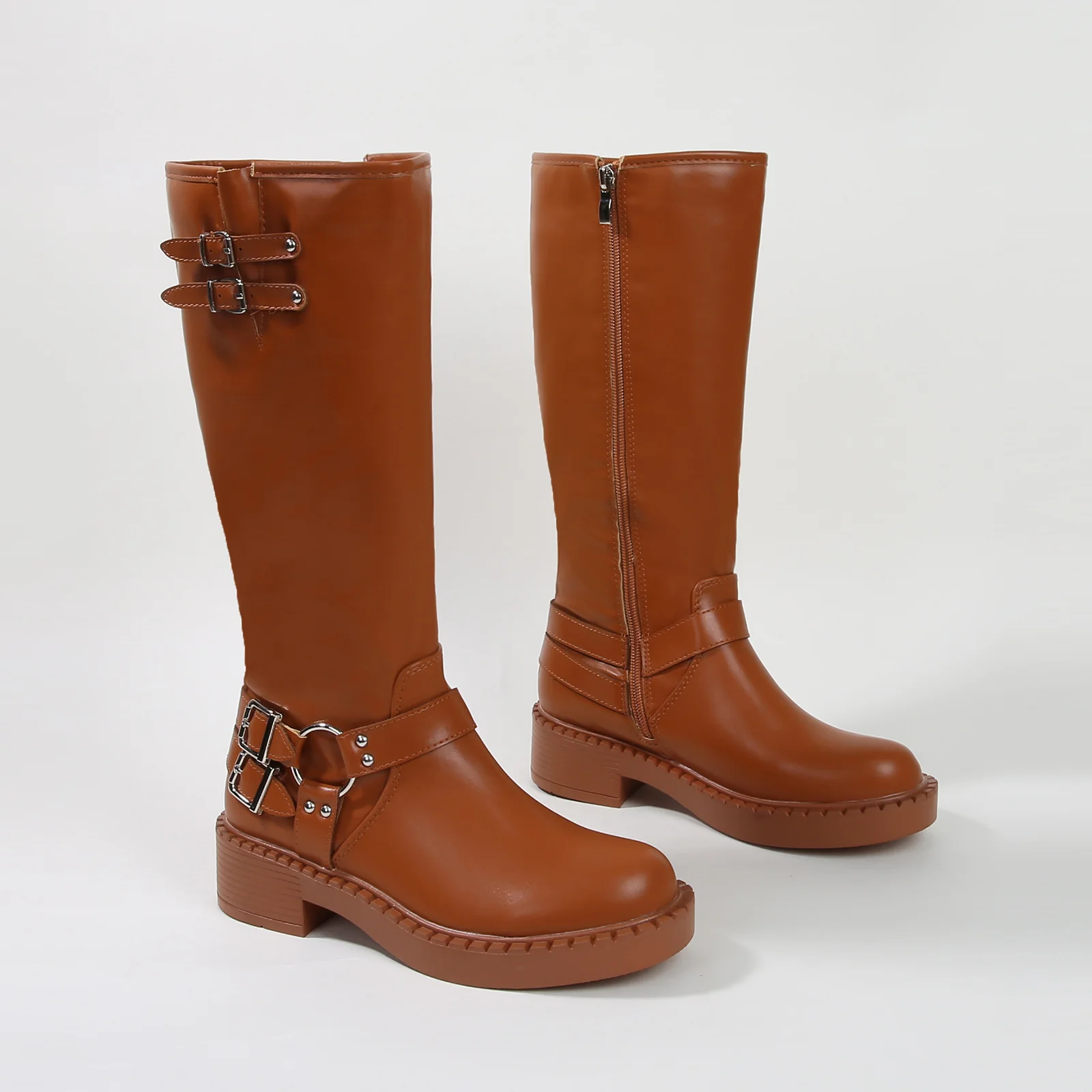 Arya Buckled Faux Leather Knee High Biker Boots - Image 6