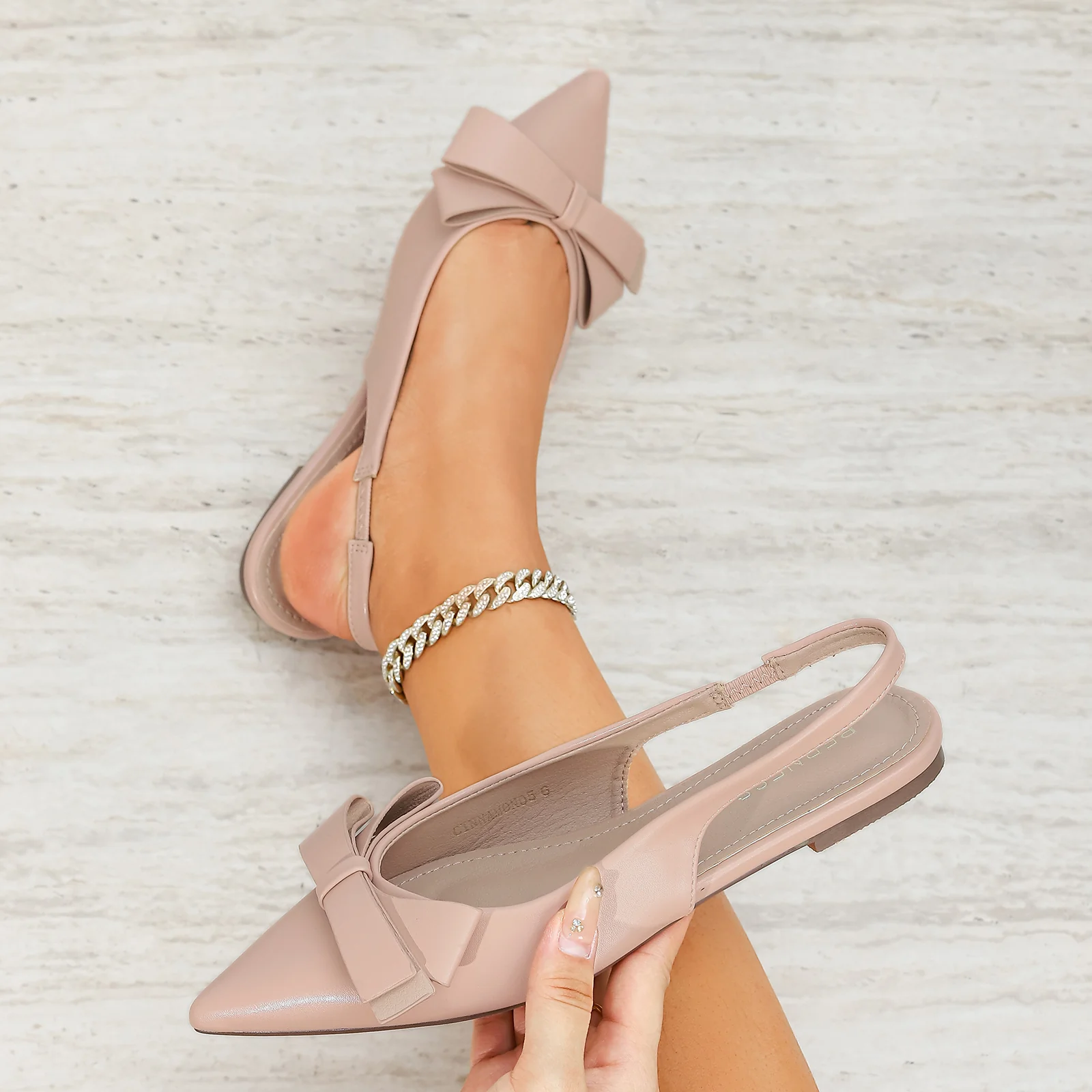 Cinnamon Vegan Leather Slingback Flats with Bow Detail - Image 10