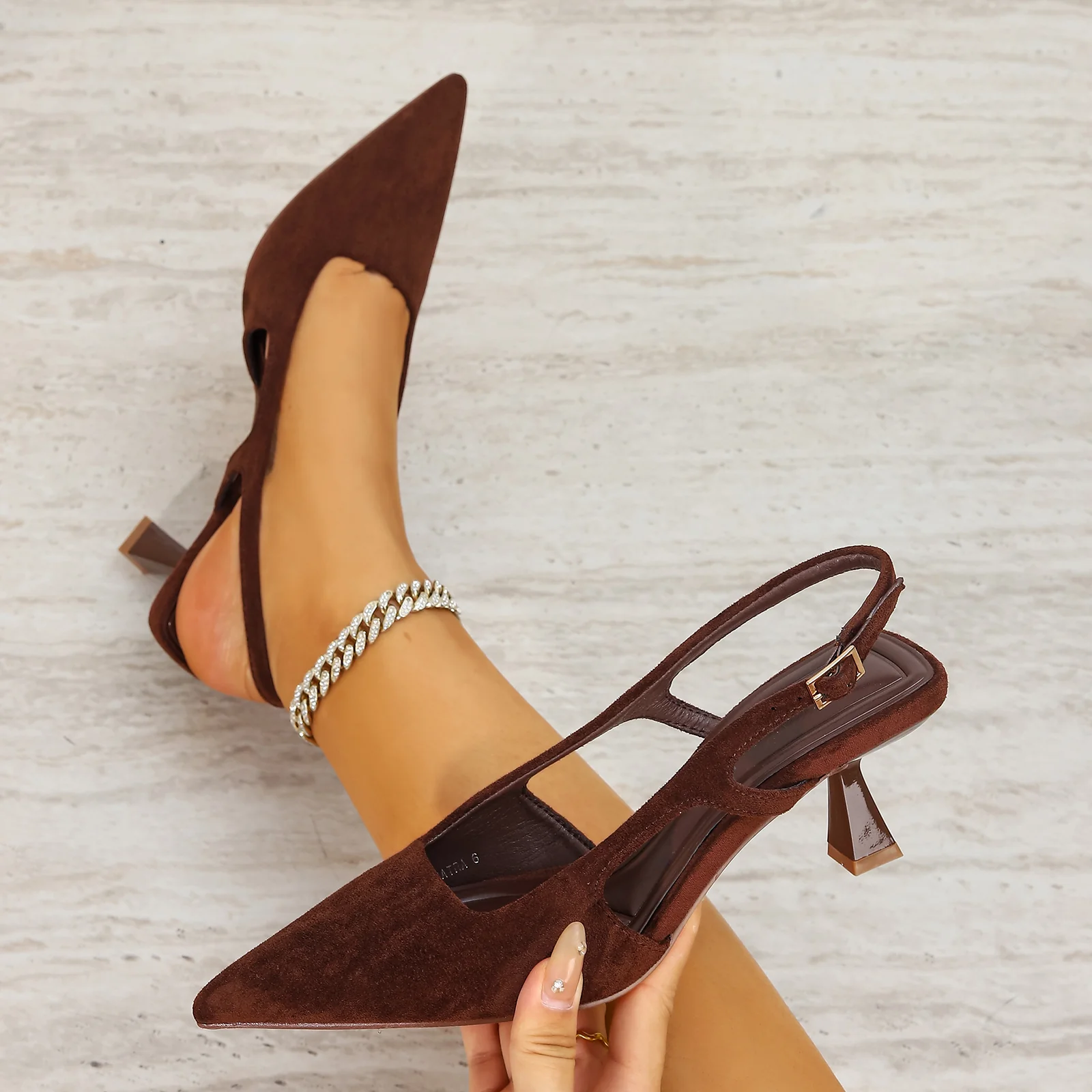 Cleopatra Suede Cutout Slingback Kitten Heels - Image 10