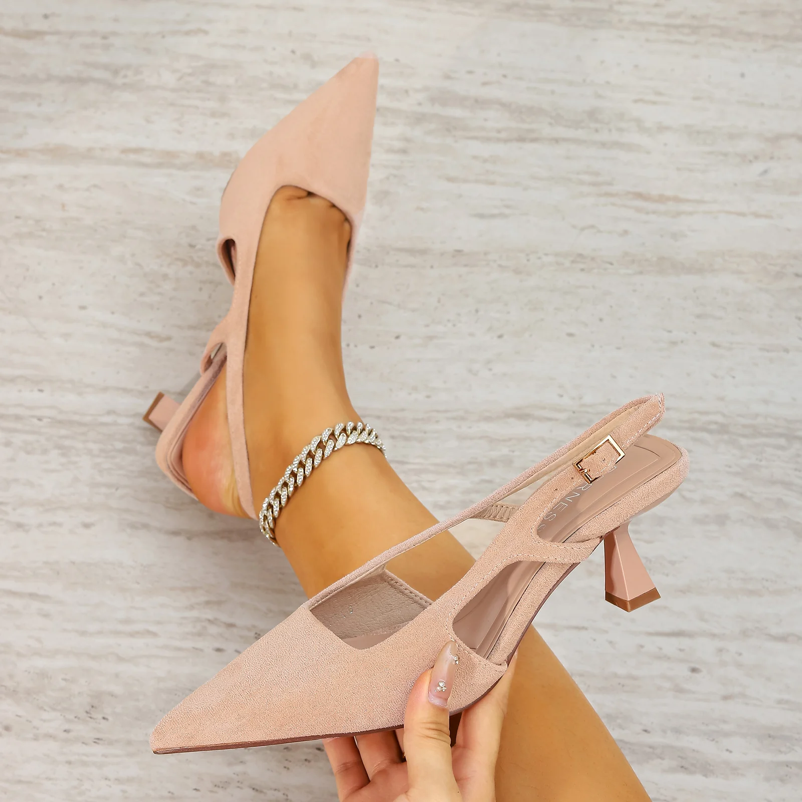 Cleopatra Suede Cutout Slingback Kitten Heels - Image 6