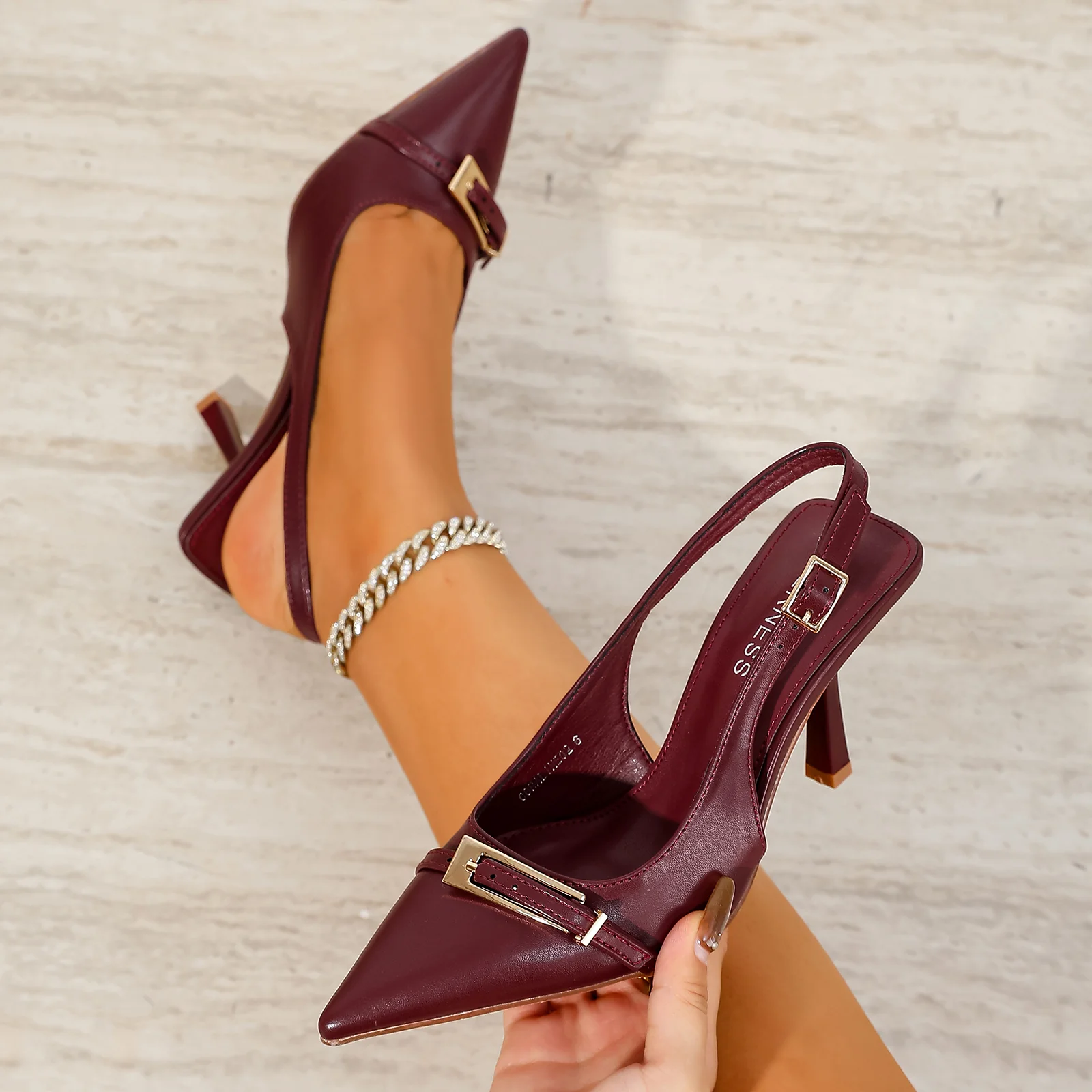 Coraline Vegan Leather Slingback Heels with Gold Buckle - Image 13