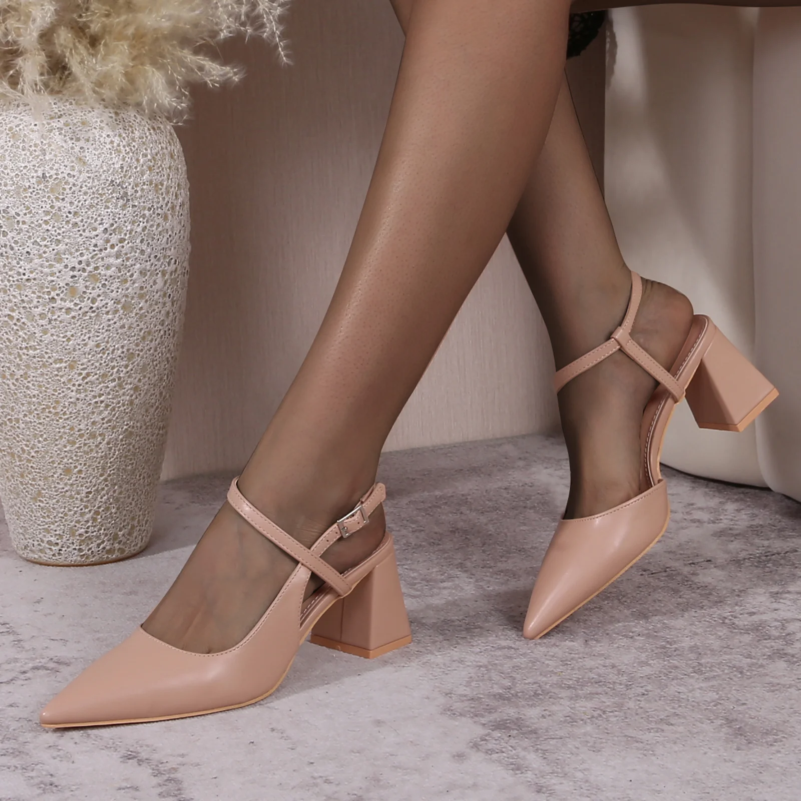 Dani Pointed Toe Ankle Strap Block Pump Heels - Image 5