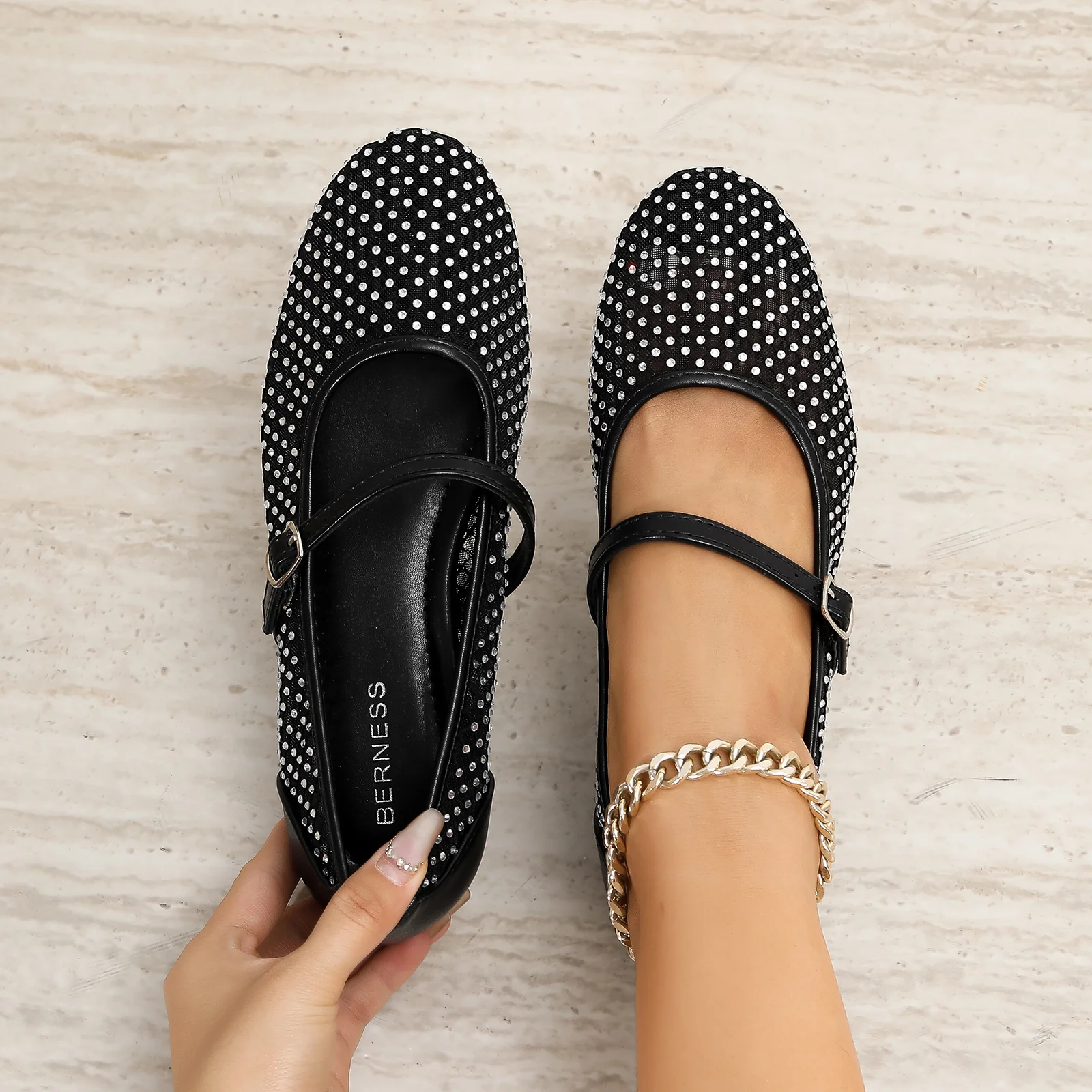 Freda Rhinestone Mesh Mary Jane Flats - Image 3