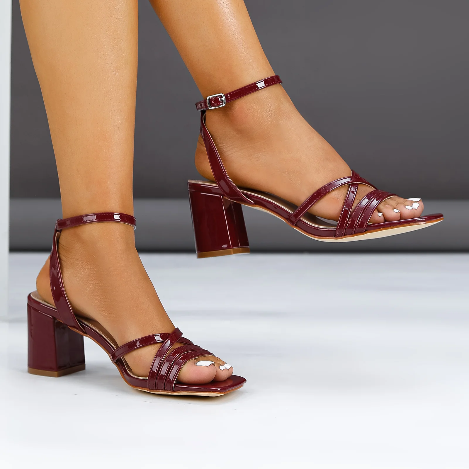 Havana Glossy Strappy Block Heels - Image 12