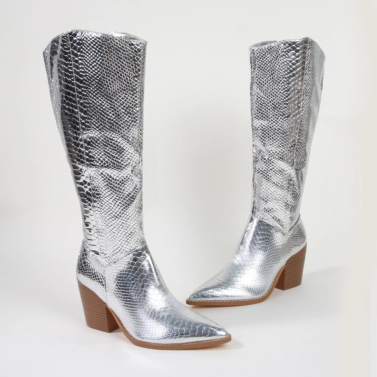 Lilibeth Metallic Snake Print Cowboy Boots - Image 16