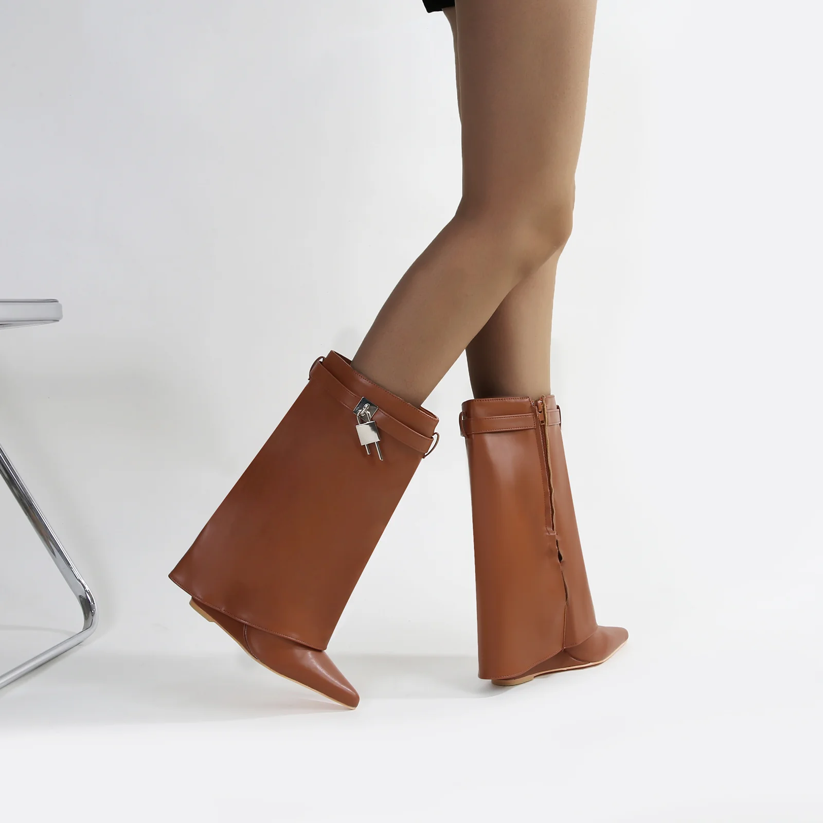 Paisley Leather Fold-over Wege Boots with Lock Detail - Image 10