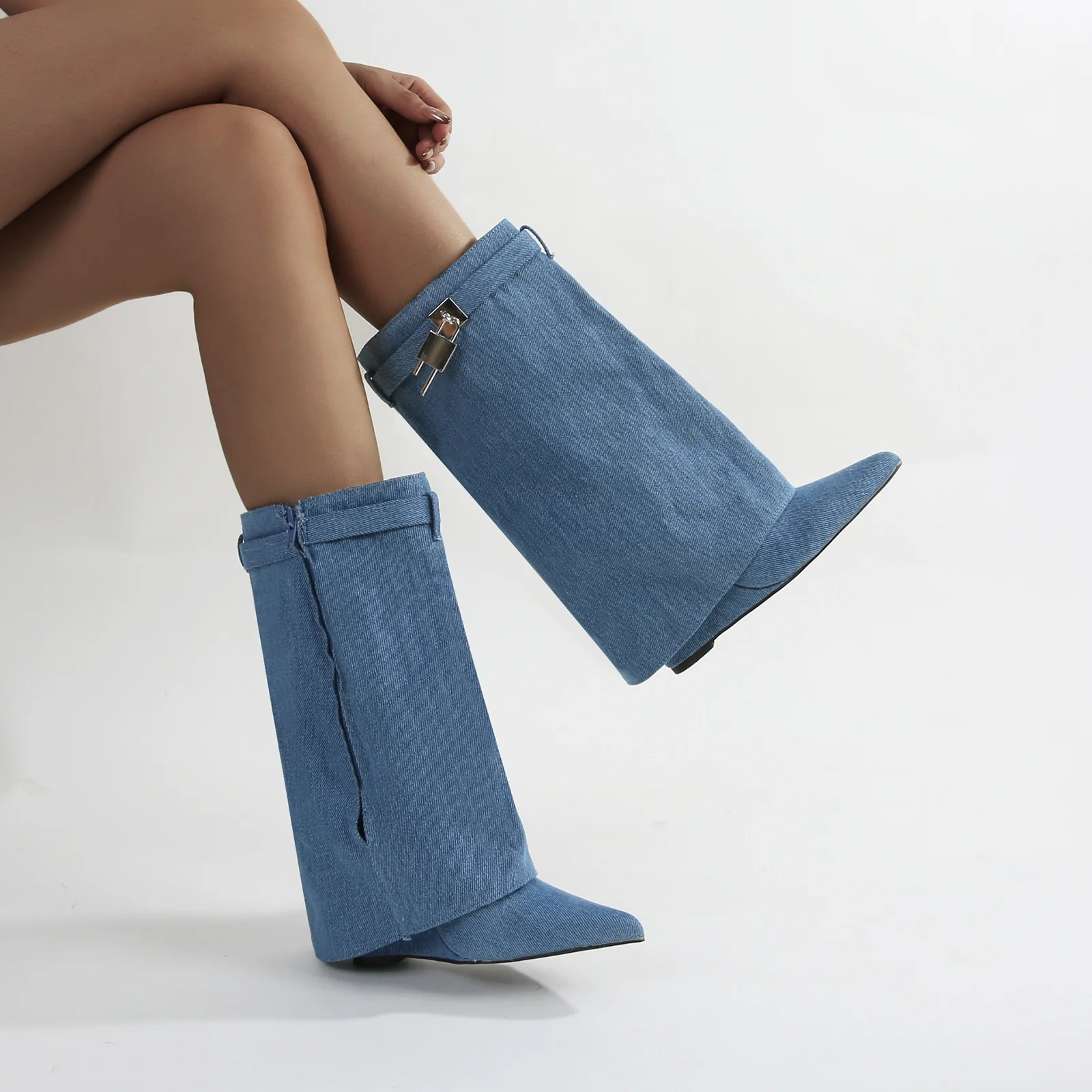 Paisley Leather Fold-over Wege Boots with Lock Detail - Image 11