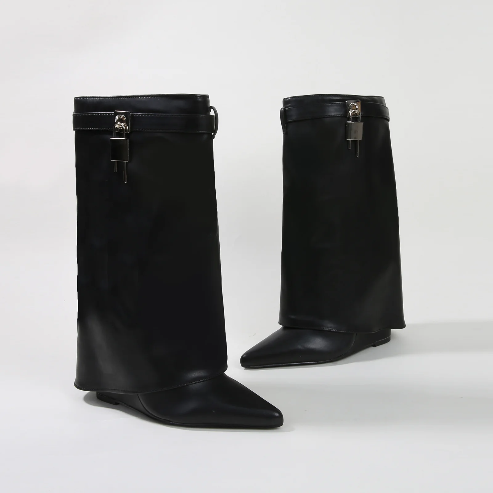 Paisley Leather Fold-over Wege Boots with Lock Detail - Image 3