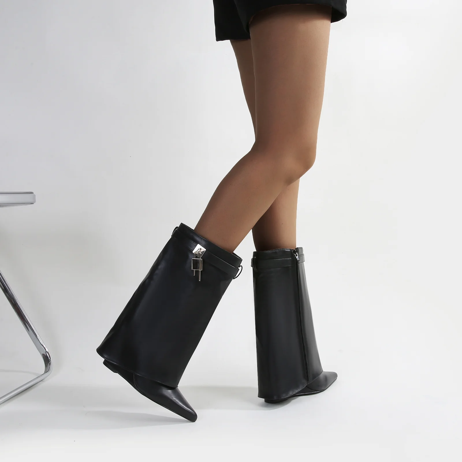 Paisley Leather Fold-over Wege Boots with Lock Detail - Image 4