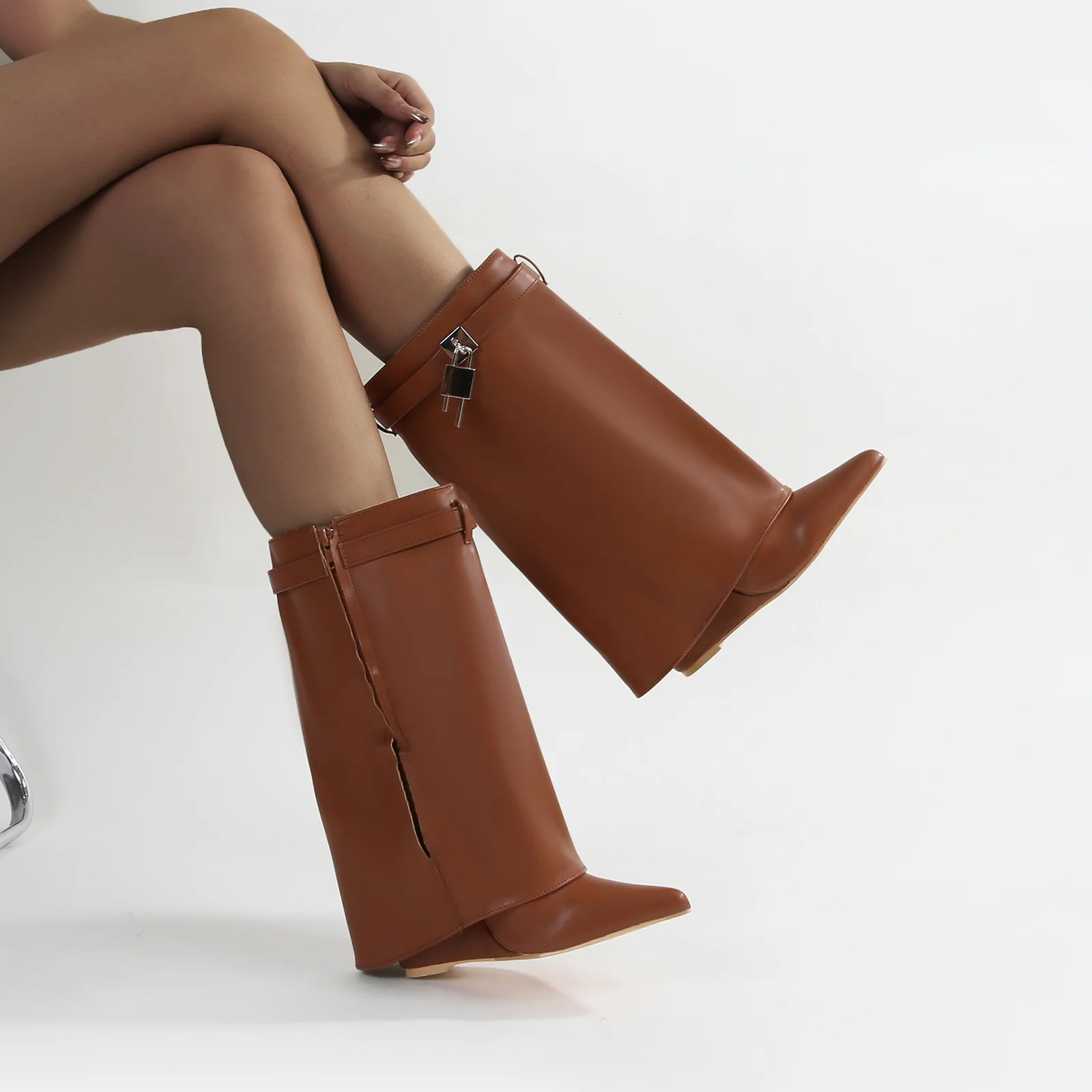 Paisley Leather Fold-over Wege Boots with Lock Detail - Image 6