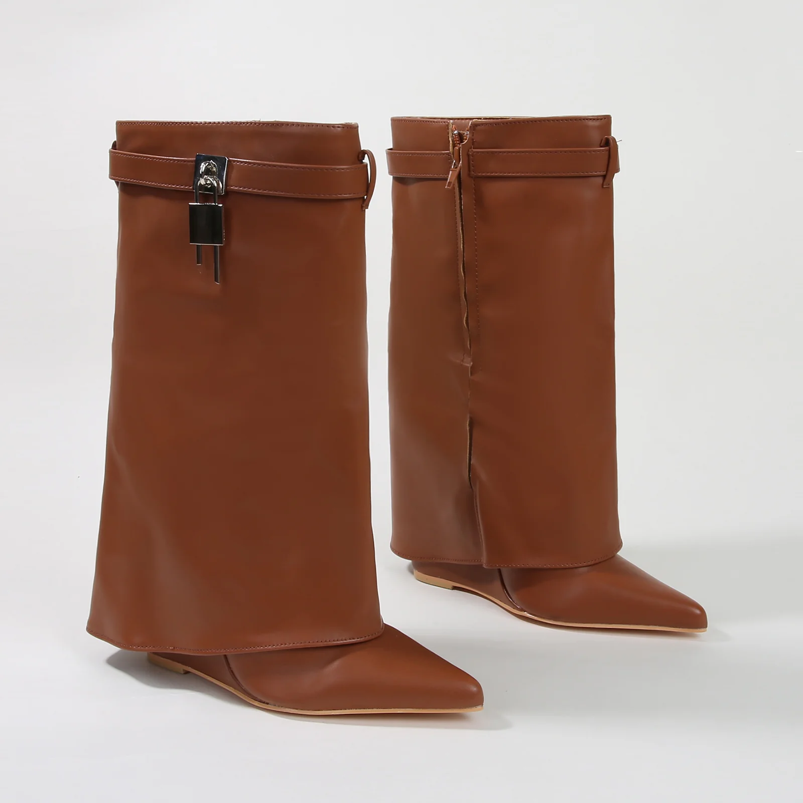 Paisley Leather Fold-over Wege Boots with Lock Detail - Image 7