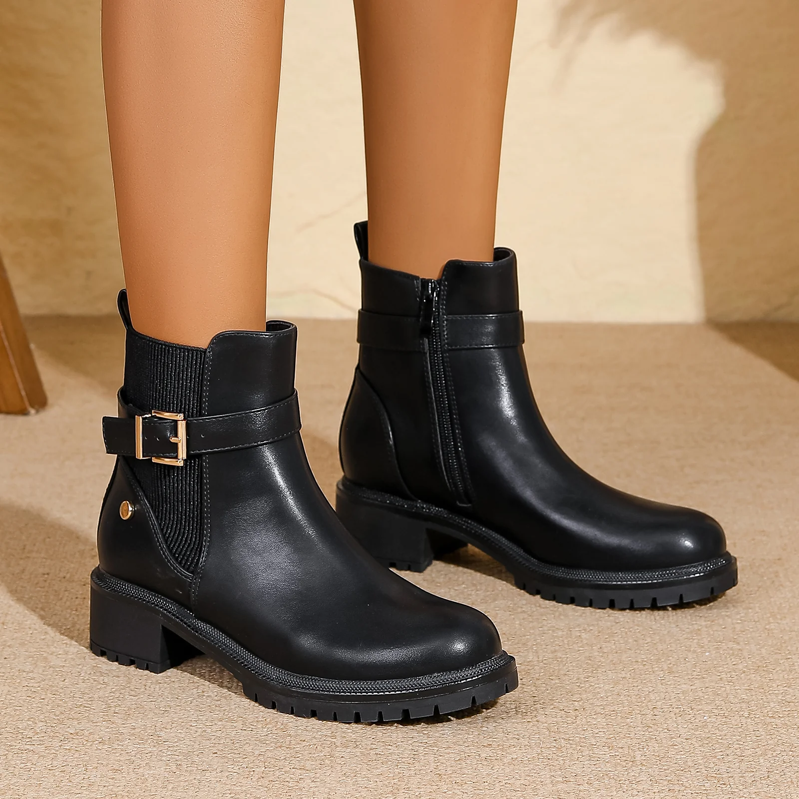 Shane Faux Leather Ankle Chelsea Boots with Buckle Strap Detail - Image 10