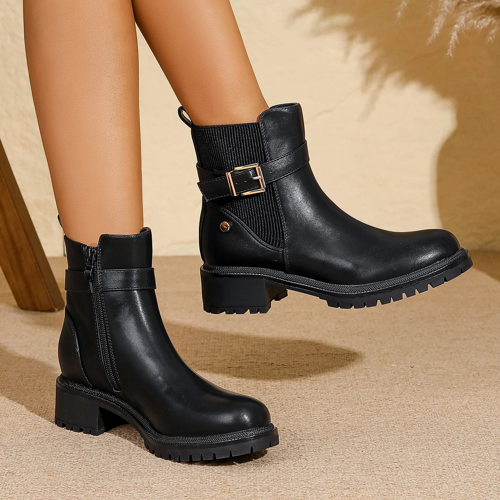 Shane Faux Leather Ankle Chelsea Boots with Buckle Strap Detail - Image 8